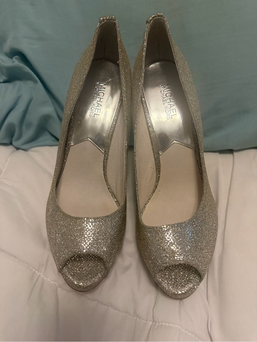 Michael Kors Silver Glitter Peep-Toe Pumps